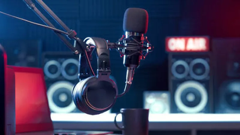 A radio studio with a microphone, headphones on a boom arm, and an ON AIR sign.
