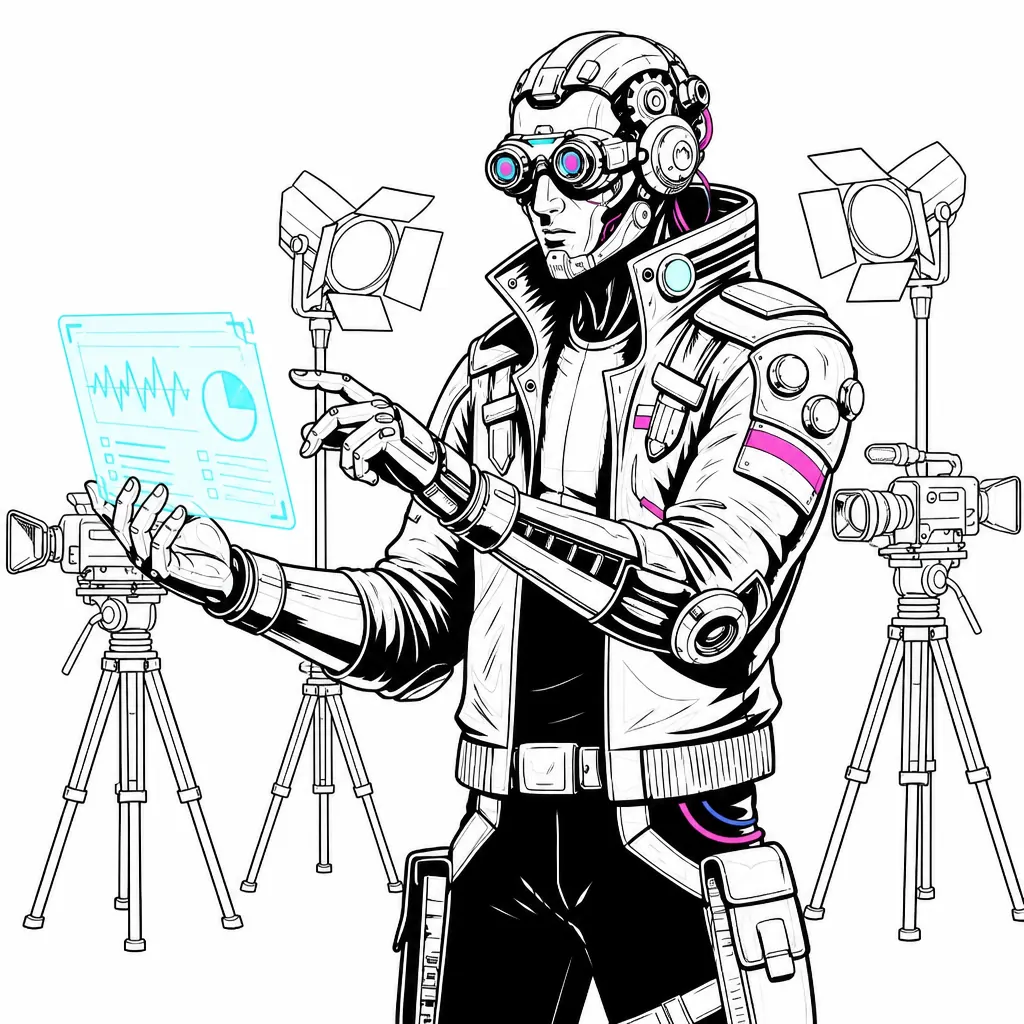 Ink drawing of a broadcast operator at a control desk