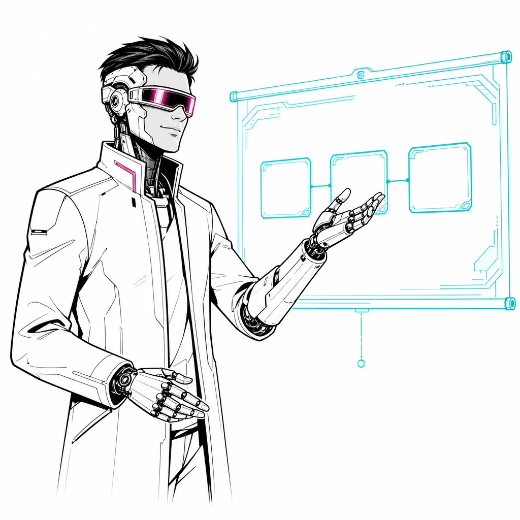 Ink drawing of a consultant at a workflow board